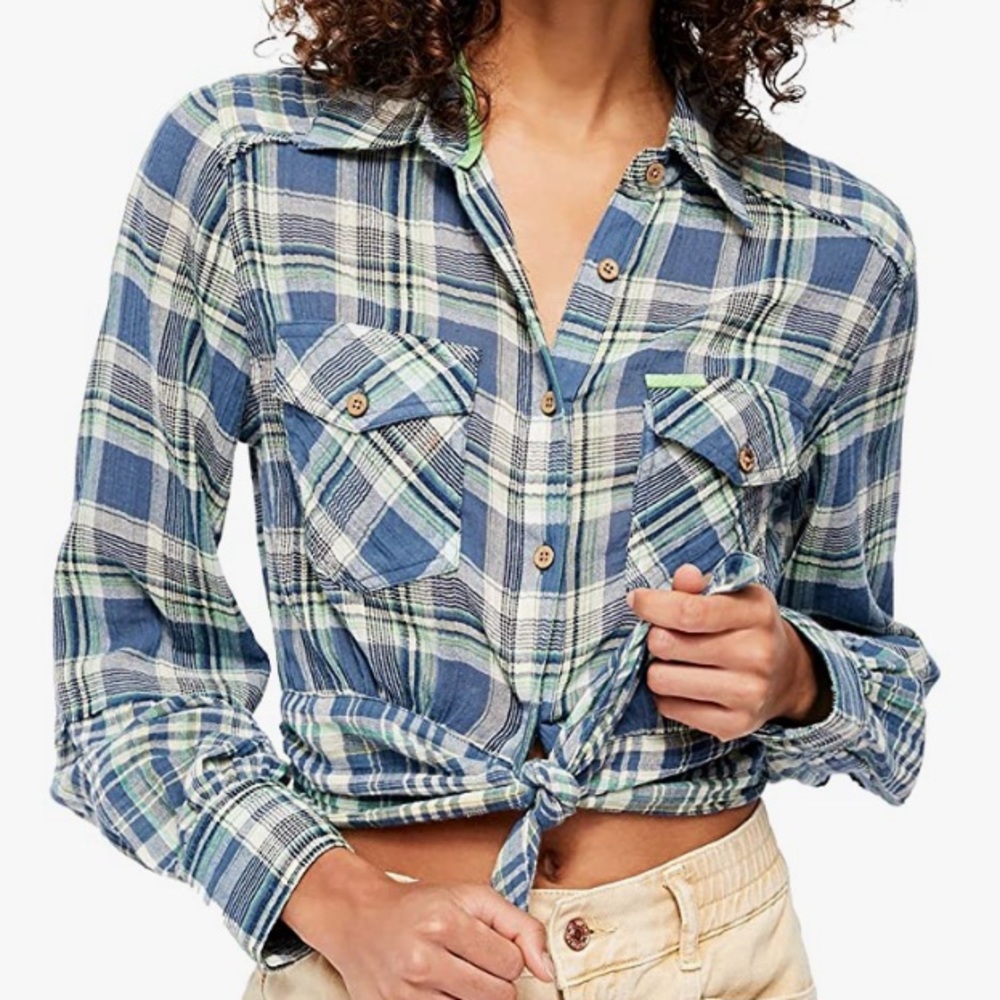 Free People Blue Green Plaid Tie-Front Crop Top